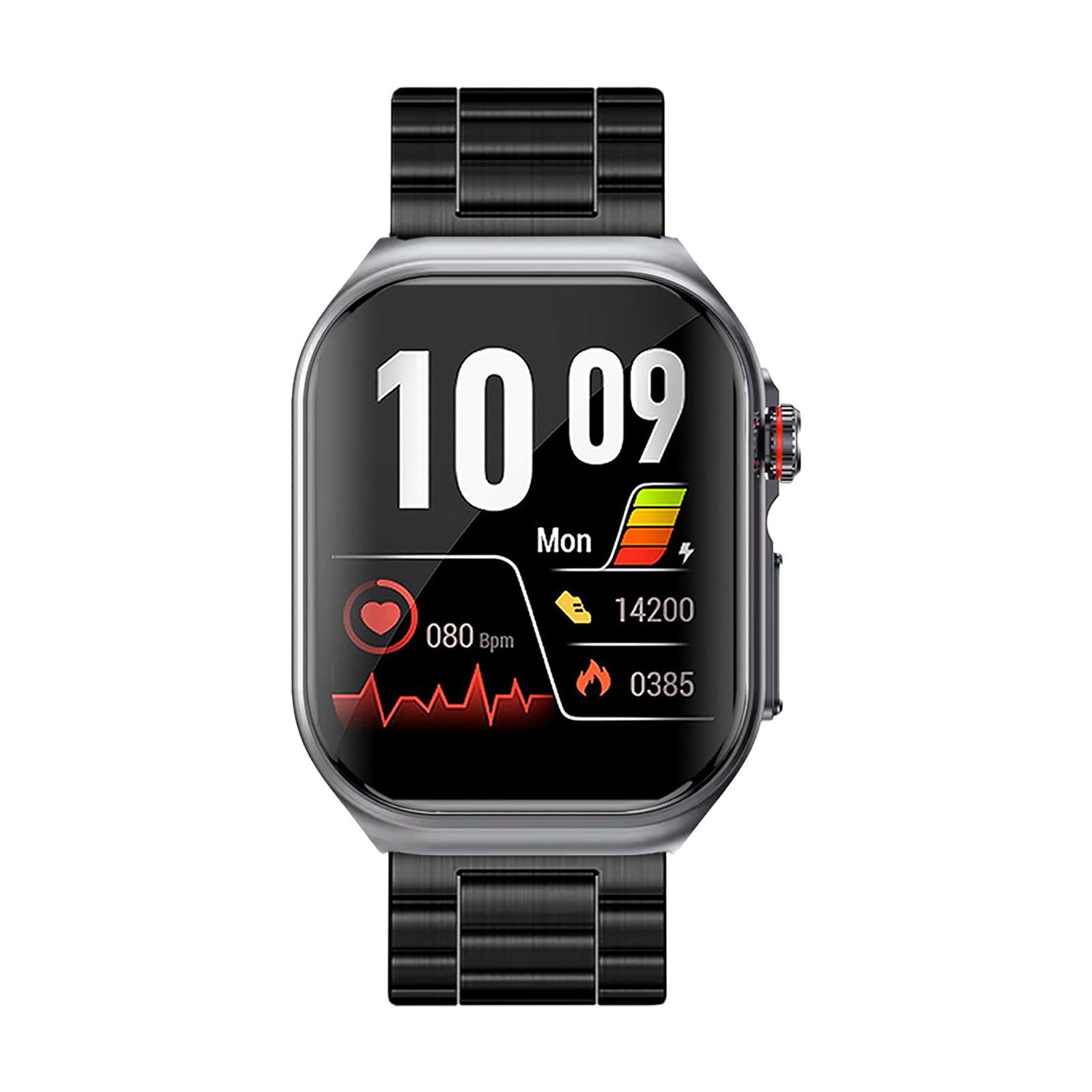 Eine Smartwatch zeigt Zeit, Gesundheitsmetriken und Akku an. Sie hat einen schwarzen Bildschirm und ein Metallarmband.
