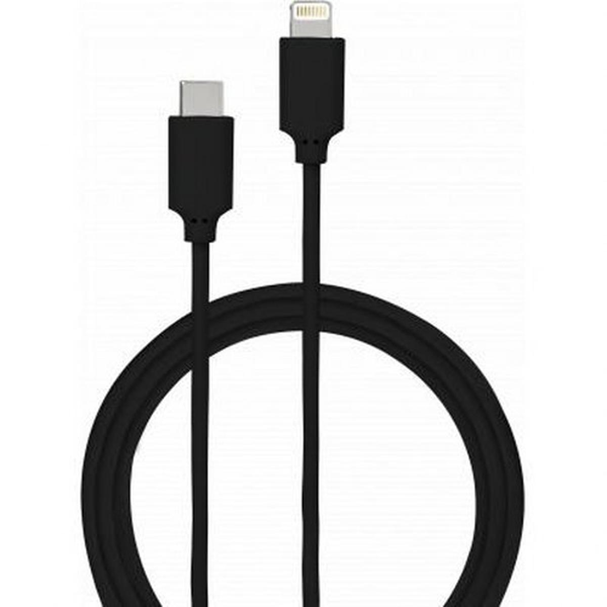 Un cable de carga negro con dos conectores diferentes. Uno es USB-C, el otro es un conector Lightning. El cable está en bucle.