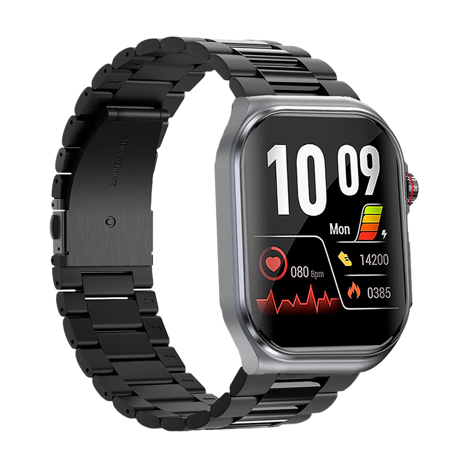 Eine schwarze Smartwatch mit Metallarmband zeigt Zeit, Herzfrequenz und Schritte an. Der Bildschirm zeigt 10:09 und Akkulaufzeit.