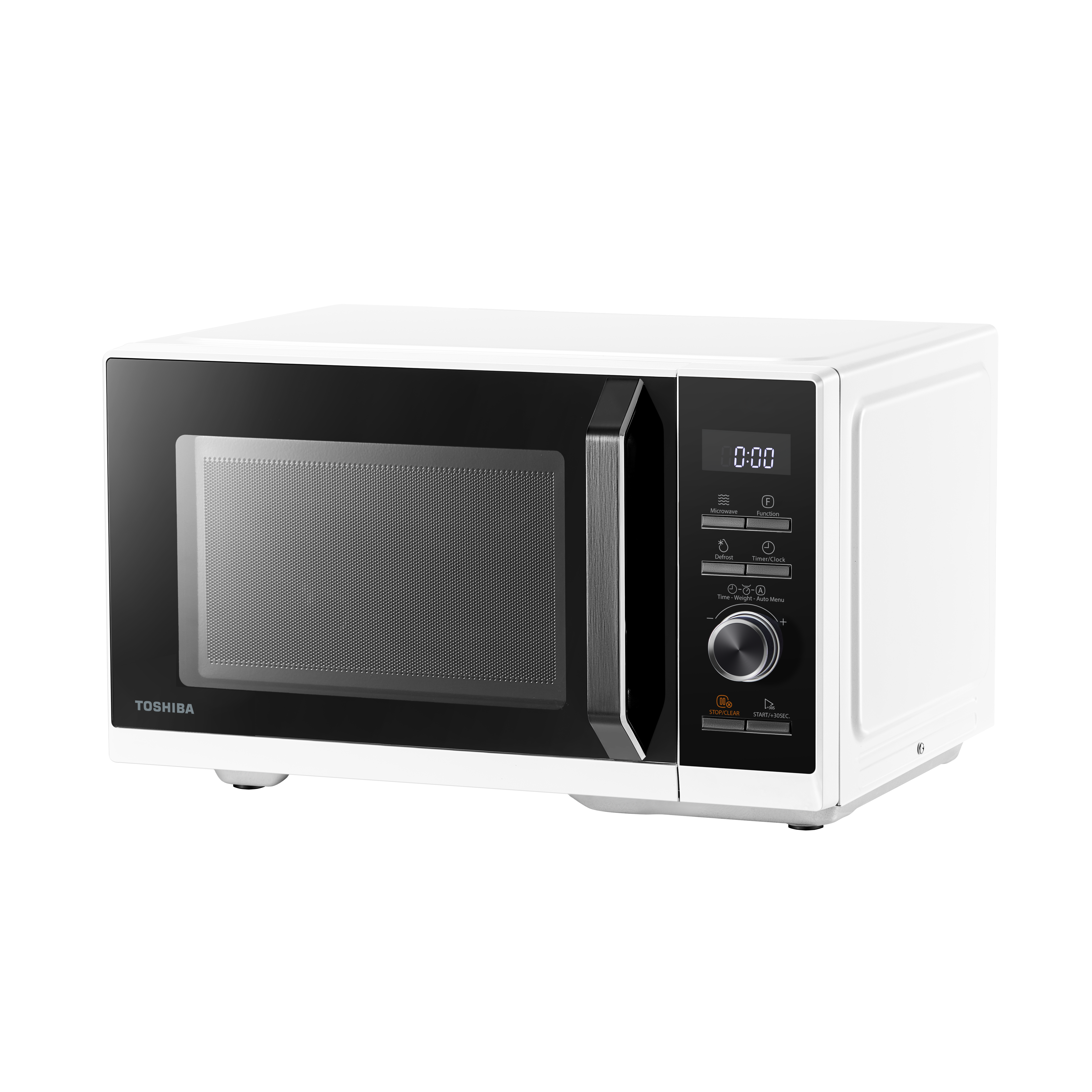 Un forno a microonde Toshiba bianco con porta e pannello di controllo neri. Il display mostra 0:00.