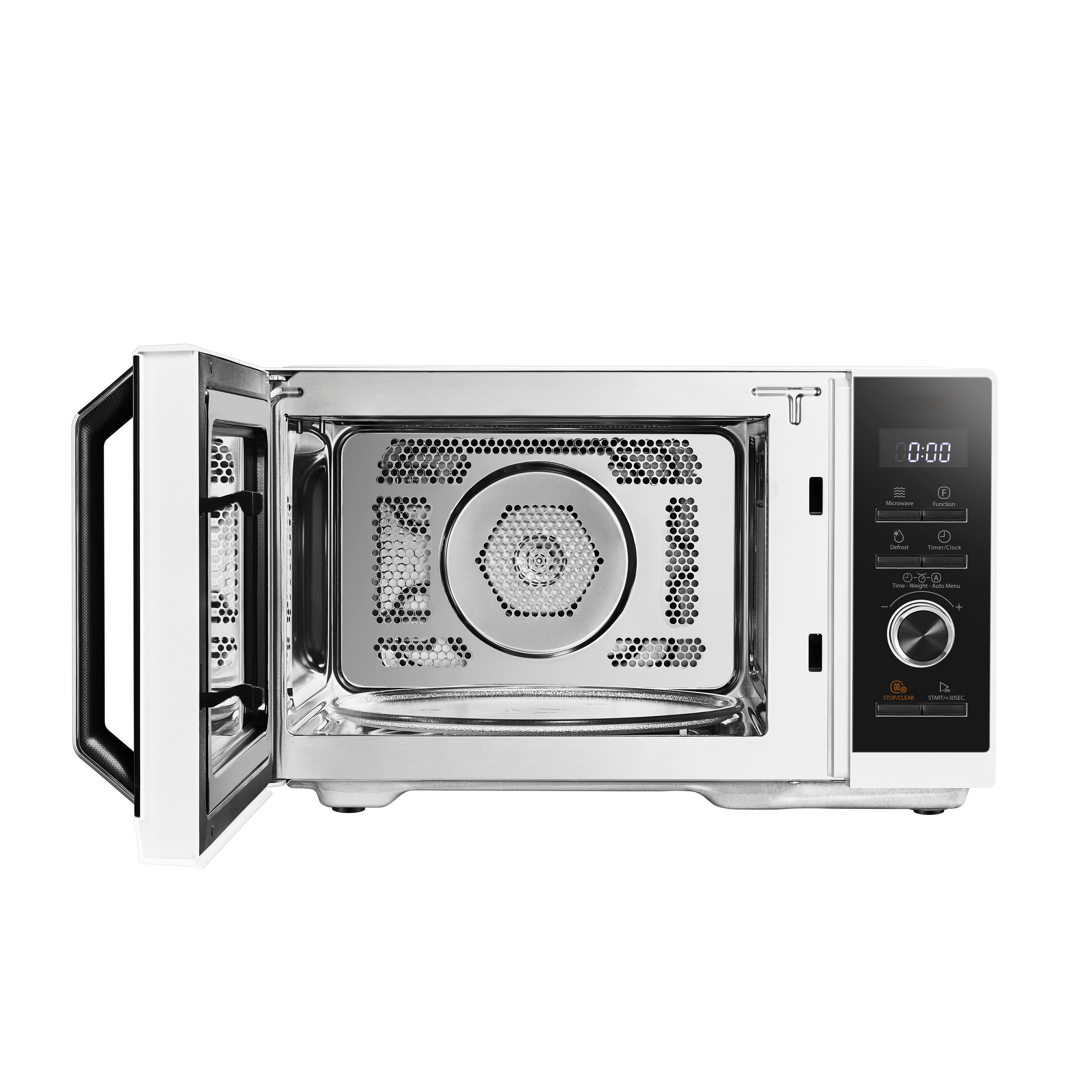 Un forno a microonde bianco con la porta aperta, che mostra l'interno. Il display mostra 0:00.