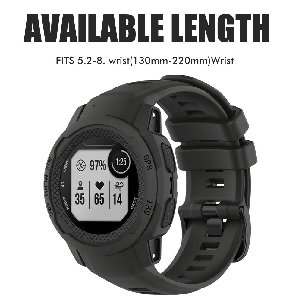 Schwarze Smartwatch mit Datenanzeige. Text oben: AVAILABLE LENGTH, FITS 5.2-8 Handgelenk. Bildschirm zeigt Statistiken wie 97%, 1:25, 35, 65 und 14.