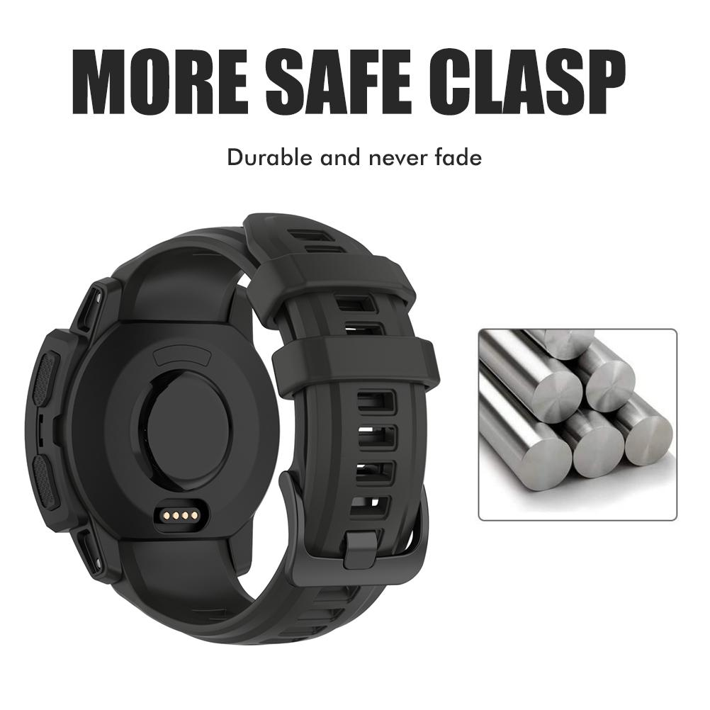Schwarze Smartwatch mit Text "MORE SAFE CLASP" und "Durable and never fade". Enthält ein kleines Bild von Metallstäben.