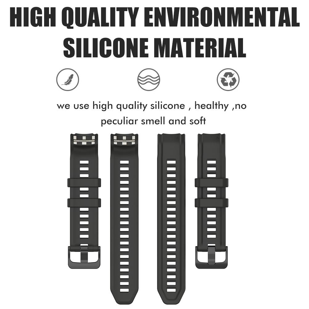 Das Bild zeigt Uhrenarmbänder. Text sagt 'hochwertiges Silikonmaterial'. Armbänder sind schwarz, mit Löchern und Schnallen. Weiterer Text enthalten.
