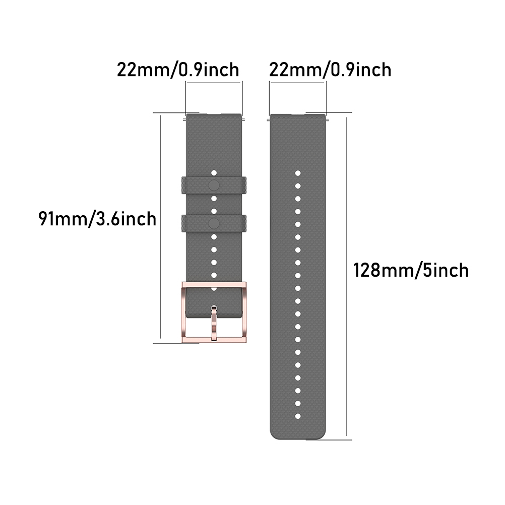 Graue Uhrenarmbänder mit Maßangaben. Eines hat eine Schnalle, das andere Löcher. Maße: 22mm/0,9inch, 91mm/3,6inch, 128mm/5inch.
