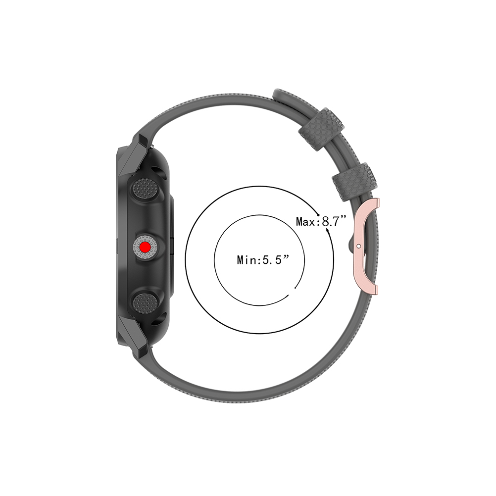 Seitenansicht einer Smartwatch mit grauem Armband. Sie hat ein schwarzes Gehäuse mit drei Knöpfen und einem roten Knopf. Maße werden angezeigt.