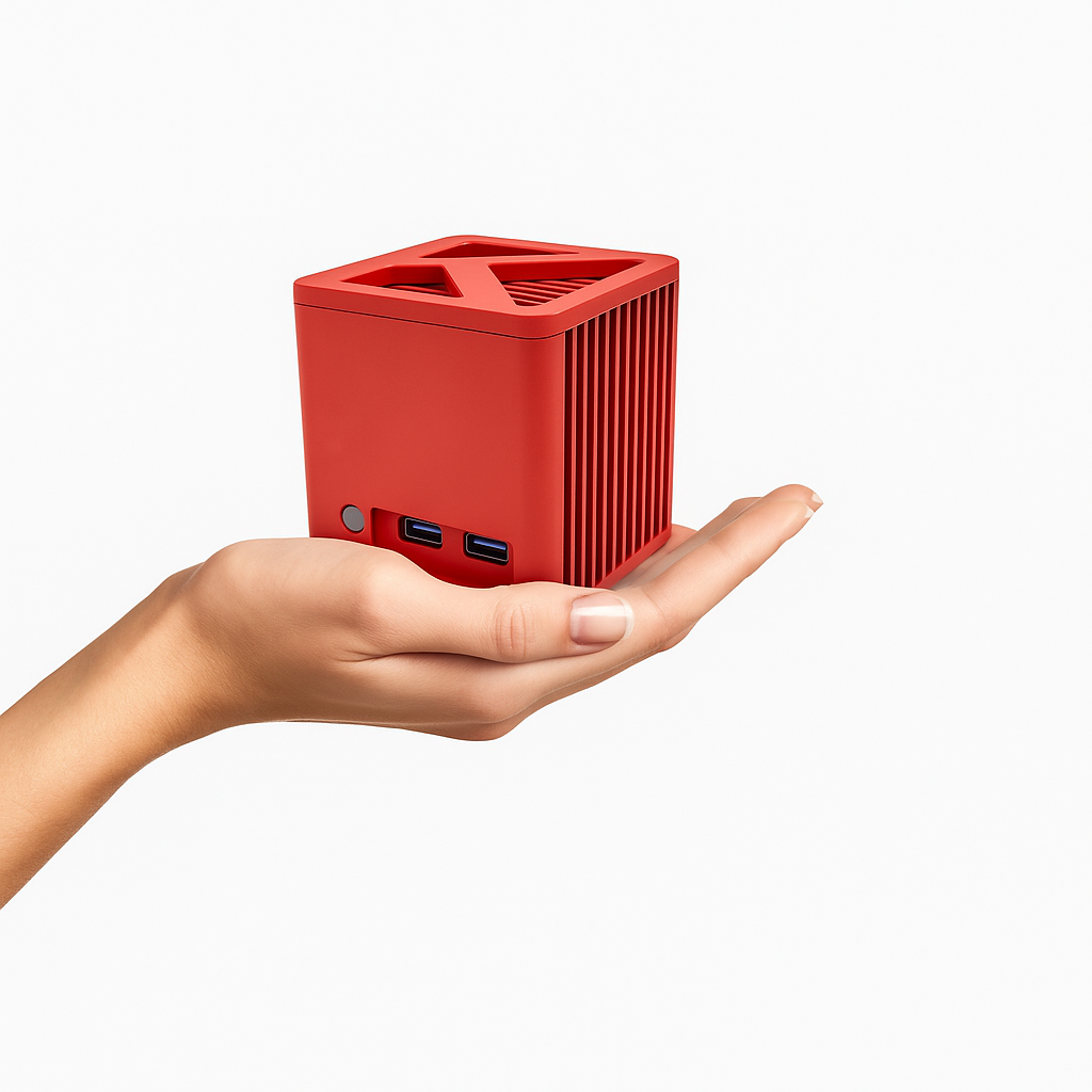 Dłoń trzyma czerwone urządzenie w kształcie kostki. Urządzenie posiada otwory wentylacyjne i porty. Tło jest białe.