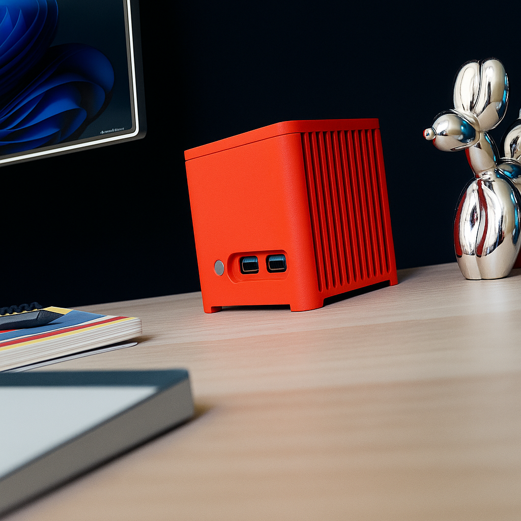 Pomarańczowy komputer stoi na drewnianym biurku. Za nim srebrna rzeźba psa. Widoczny jest również monitor komputera i notatnik.