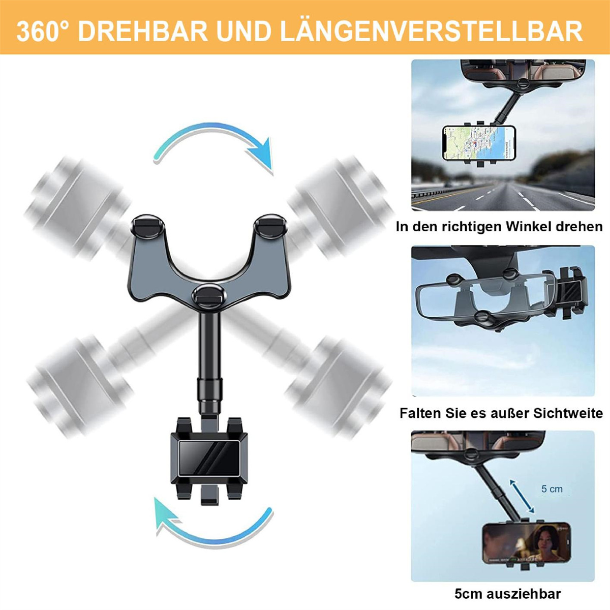 Ein Autotelefonhalter wird gezeigt, mit drehbaren und längenverstellbaren Funktionen. Anweisungen zeigen die Verwendung in verschiedenen Positionen.