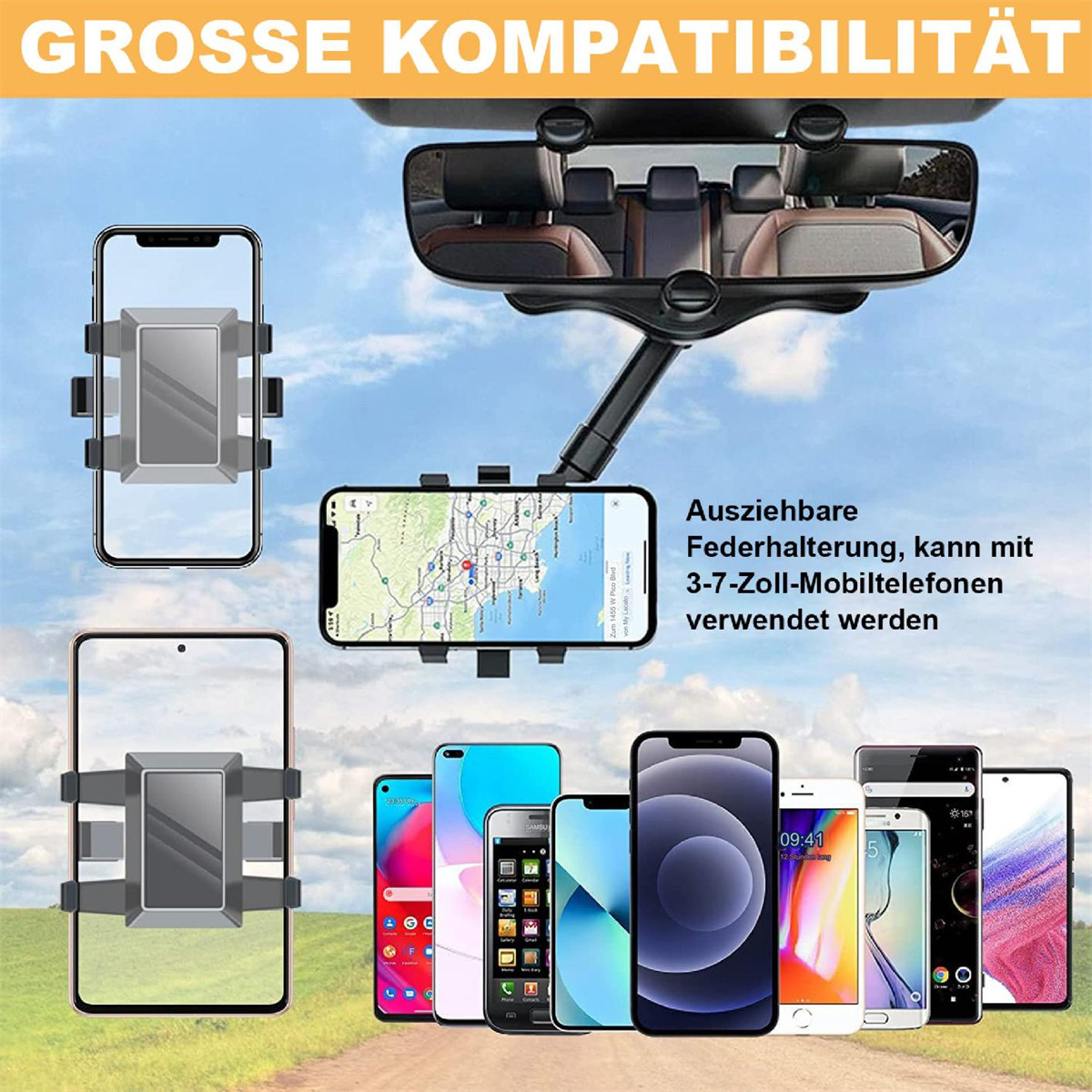 Das Bild zeigt Telefonhalter und verschiedene Smartphones. Ein Rückspiegel ist sichtbar. Der Text auf dem Bild lautet 'GROSSE KOMPATIBILITÄT'.