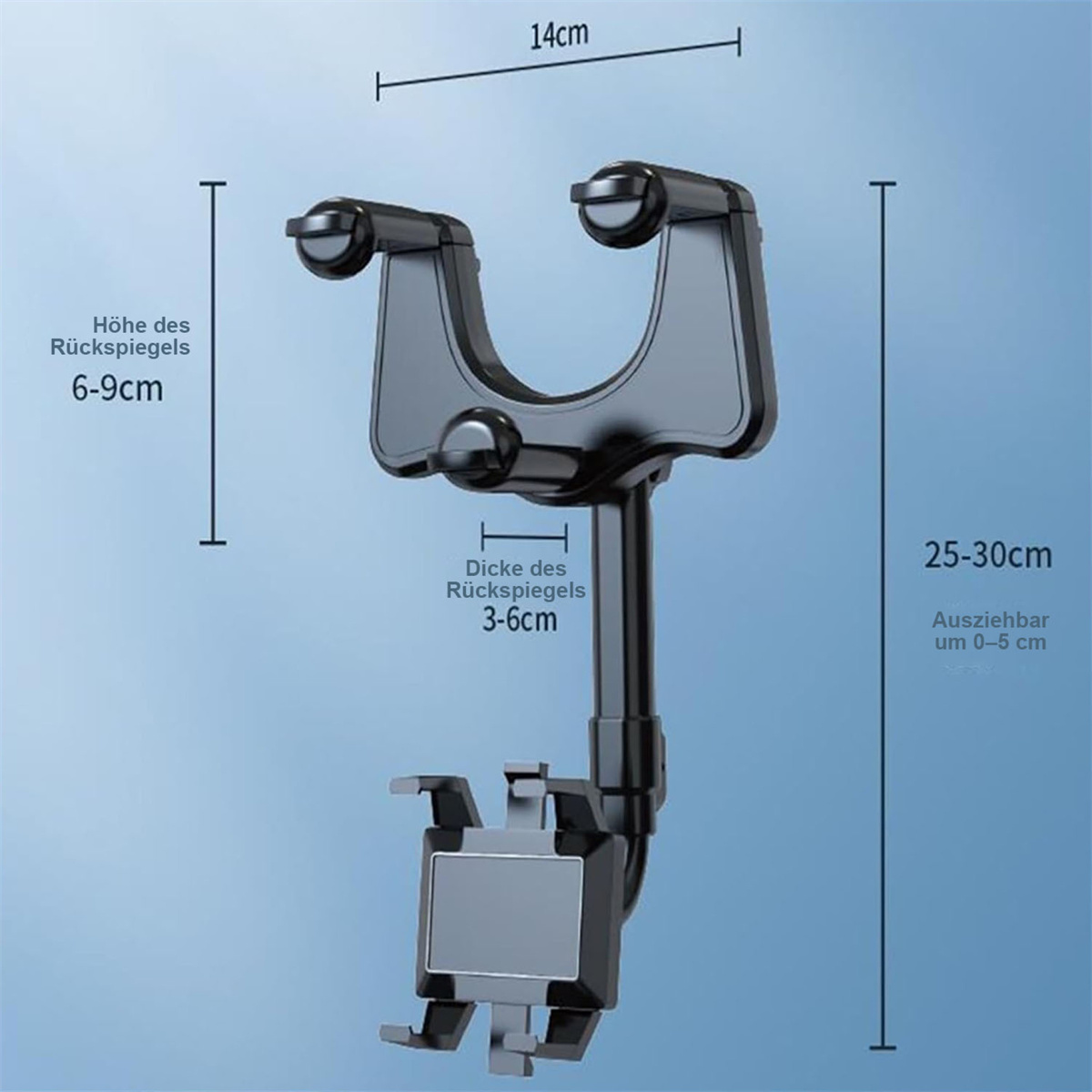 Schwarzer Autotelefonhalter mit Maßangaben: 14cm Breite, 6-9cm Höhe, 3-6cm Dicke und 25-30cm Länge.