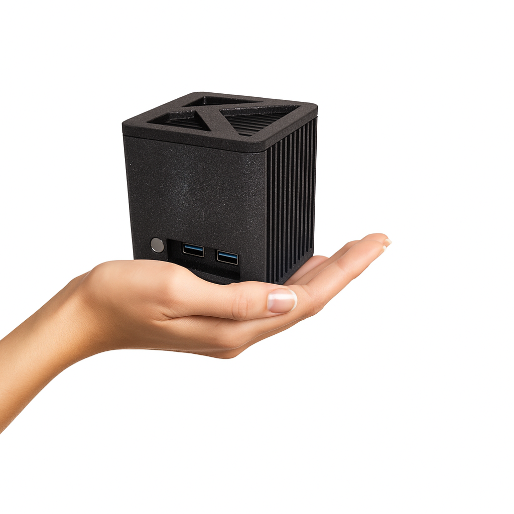 Dłoń trzyma małe, czarne urządzenie w kształcie kostki. Urządzenie ma siatkową konstrukcję po bokach i trójkątny wierzch.