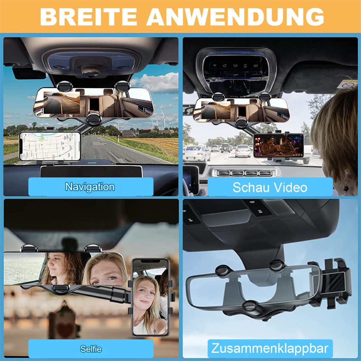 Das Bild zeigt einen Autoinnenraum mit einer Telefonhalterung. Zeigt Navigation, Video, Selfie und klappbare Spiegeloptionen. Verschiedene Ansichten werden gezeigt.