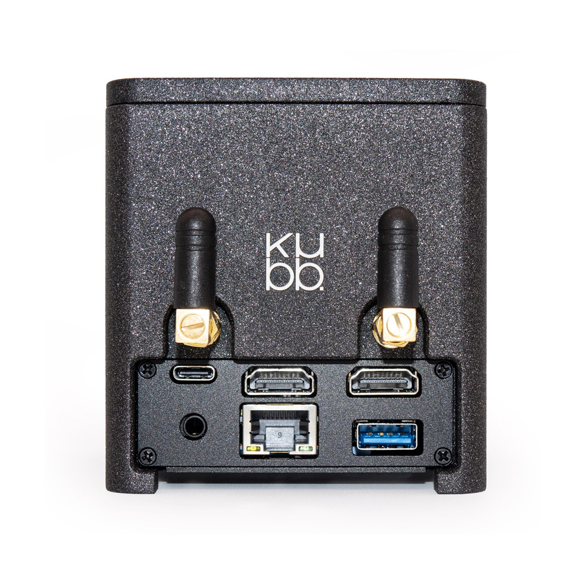 Czarne urządzenie z antenami i portami. Widoczna nazwa marki 'kubb'. Porty obejmują USB, HDMI i Ethernet.