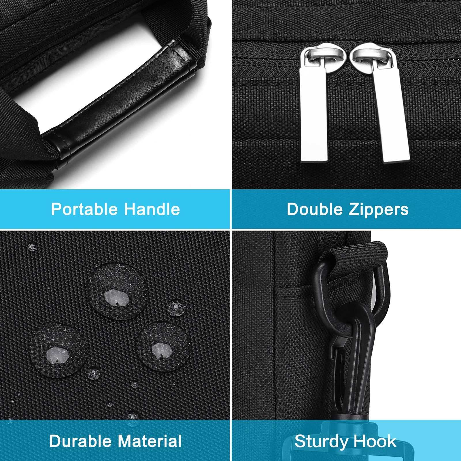Nahaufnahme einer schwarzen Tasche mit Griff, Doppelreißverschlüssen, strapazierfähigem Material und stabilem Haken.