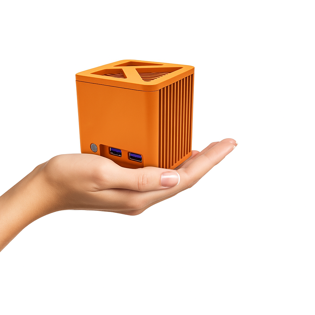Dłoń trzyma pomarańczowe urządzenie w kształcie kostki. Urządzenie ma otwory wentylacyjne, porty i przycisk. Białe tło.