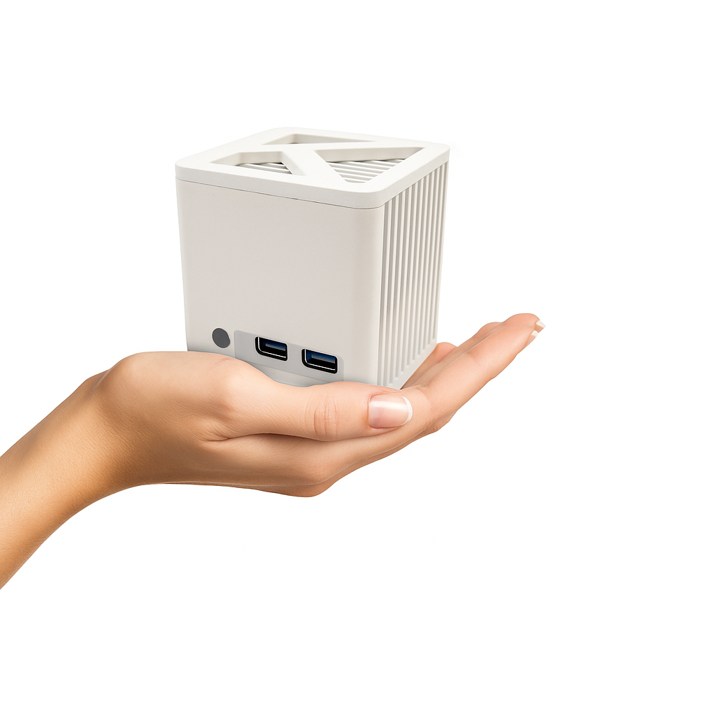 Dłoń trzyma małe, białe urządzenie w kształcie kostki. Urządzenie ma porty USB i wentylowaną górę. Tło jest białe.