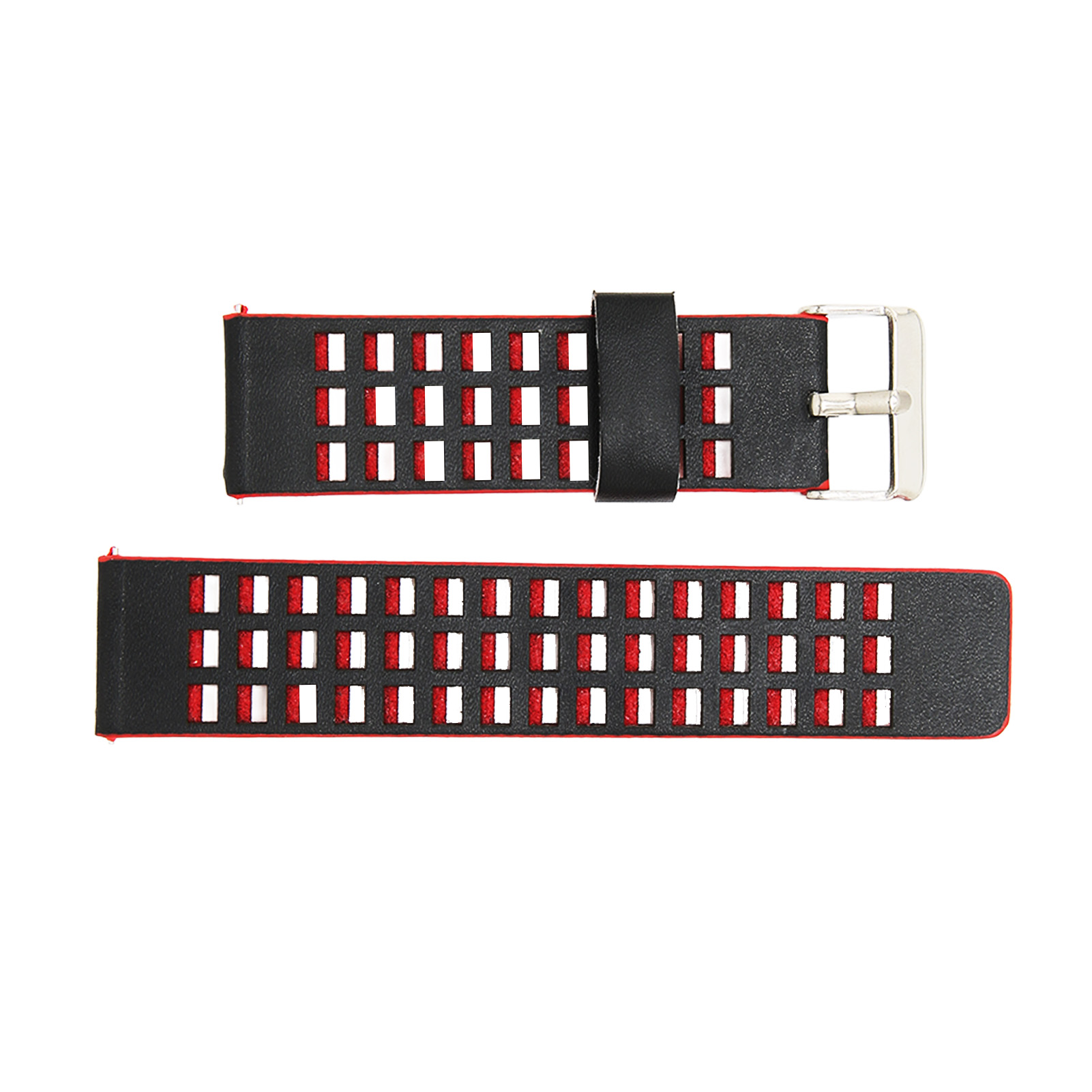 Schwarzes und rotes Uhrenarmband auf Weiß. Es hat rechteckige Aussparungen. Die Schnalle ist silberfarben.