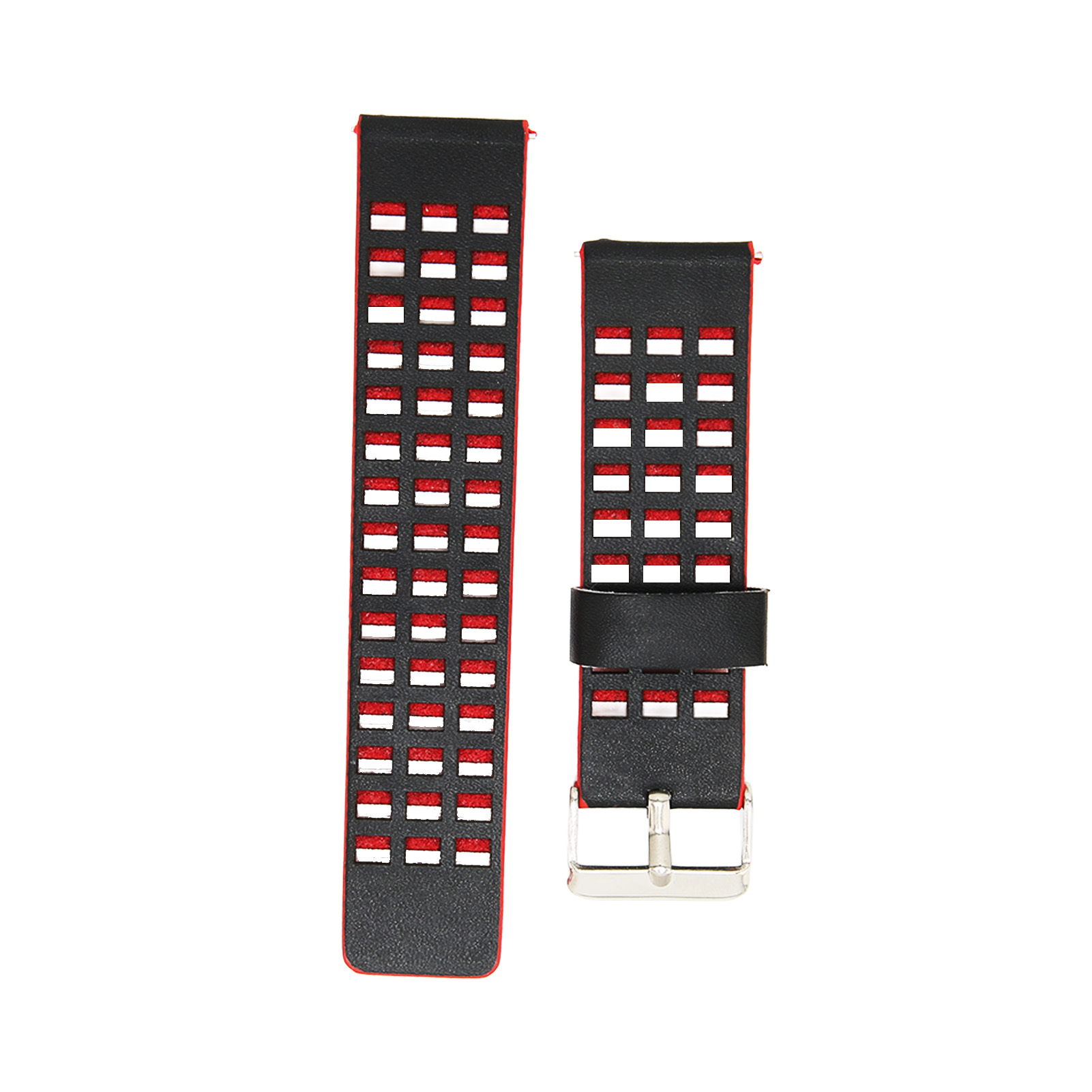 Schwarzes und rotes Uhrenarmband mit rechteckigen Ausschnitten. Der Hintergrund ist weiß.