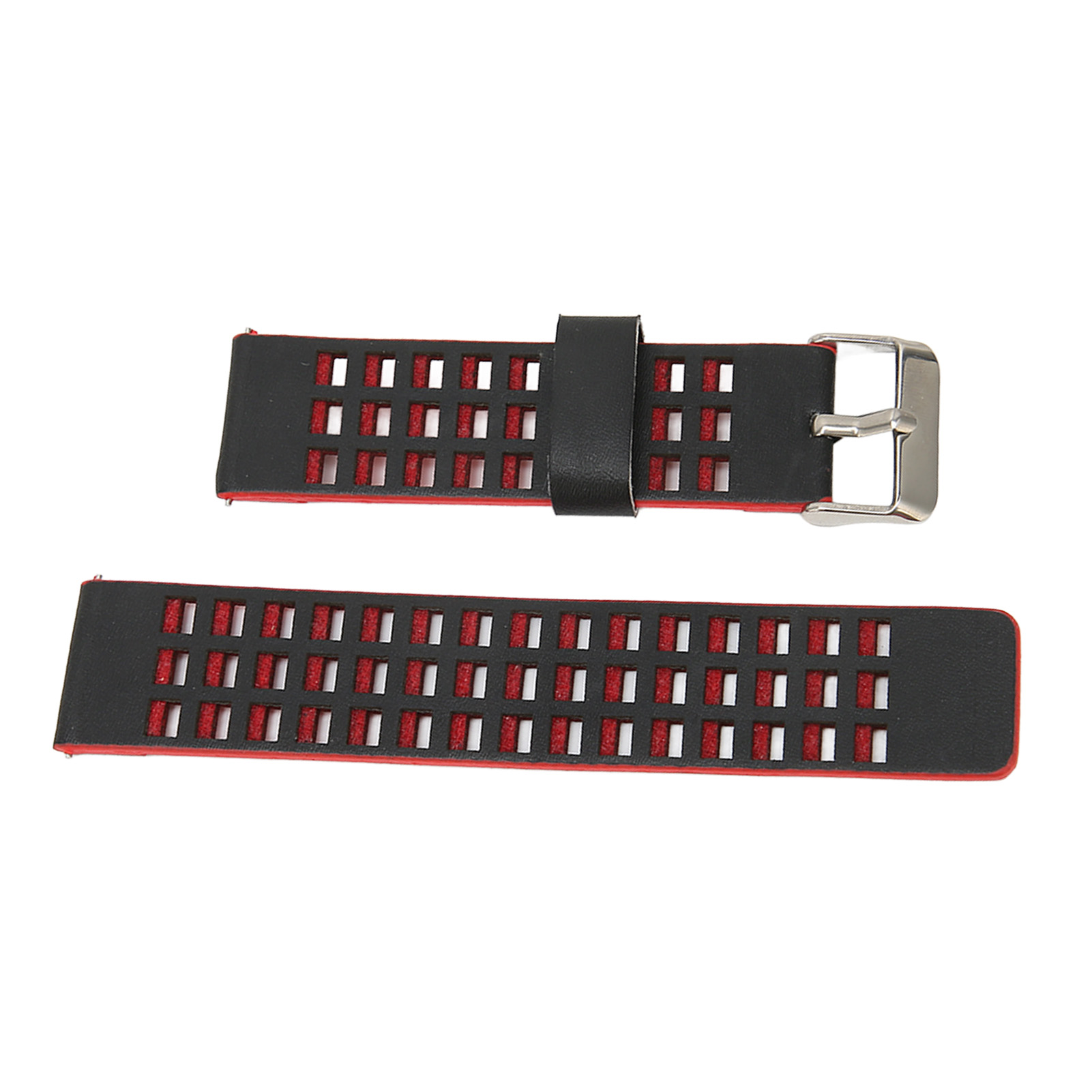 Schwarzes Uhrenarmband mit roten Akzenten und rechteckigen Aussparungen. Das Armband hat eine silberne Schnalle und eine schwarze Lederschlaufe.