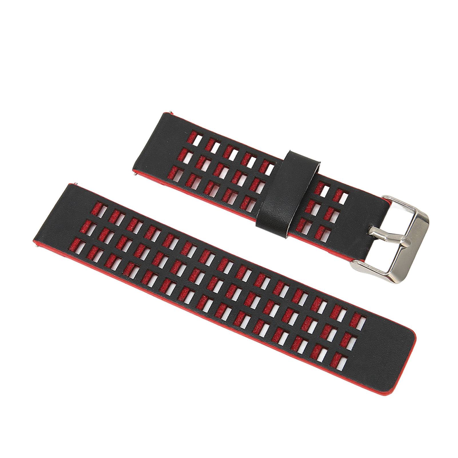 Schwarze und rote Uhrenarmbänder mit rechteckigen Ausschnitten. Ein Armband hat eine Schnalle. Der Hintergrund ist weiß.