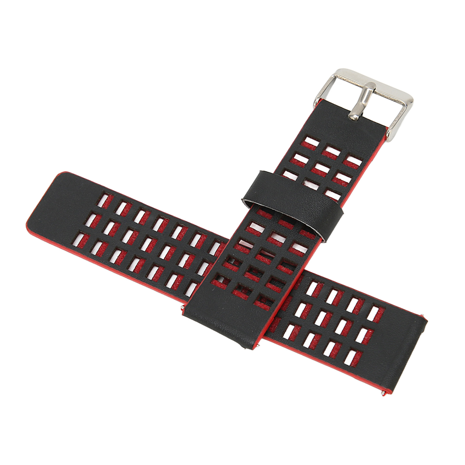 Schwarzes und rotes Armband, mit rechteckigen Löchern perforiert, und eine Metallschnalle. Der Hintergrund ist weiß.