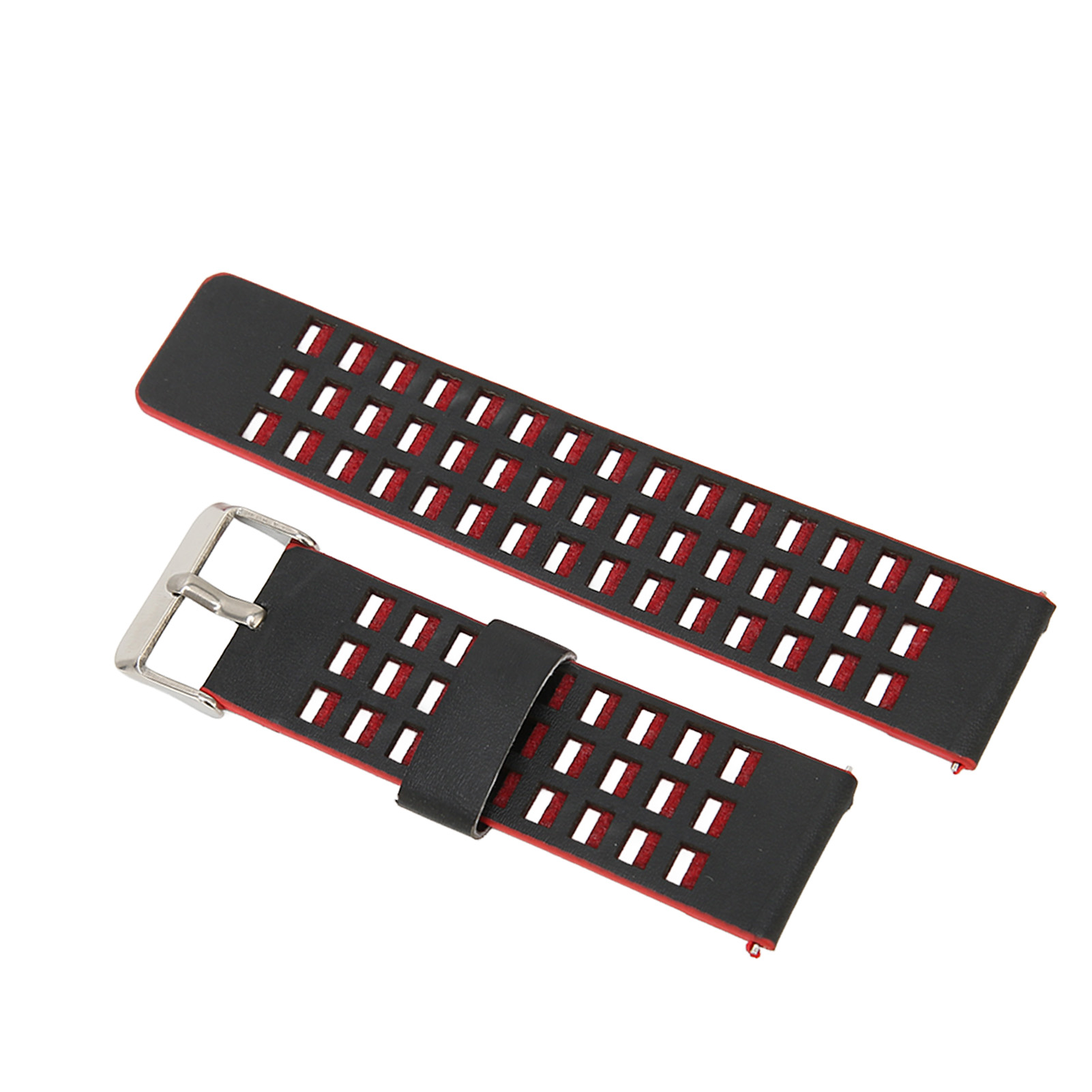 Schwarzes und rotes Uhrenarmband mit rechteckigen Ausschnitten. Eine silberne Schnalle ist sichtbar. Weißer Hintergrund.