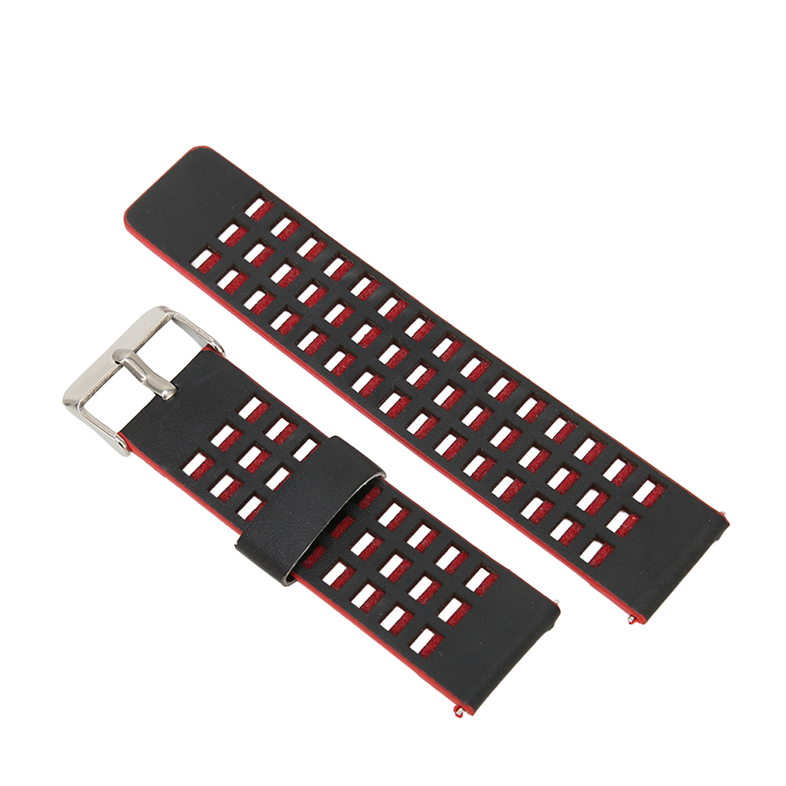 Schwarzes und rotes Uhrenarmband mit rechteckigen Perforationen. Das Armband hat eine silberne Schnalle.