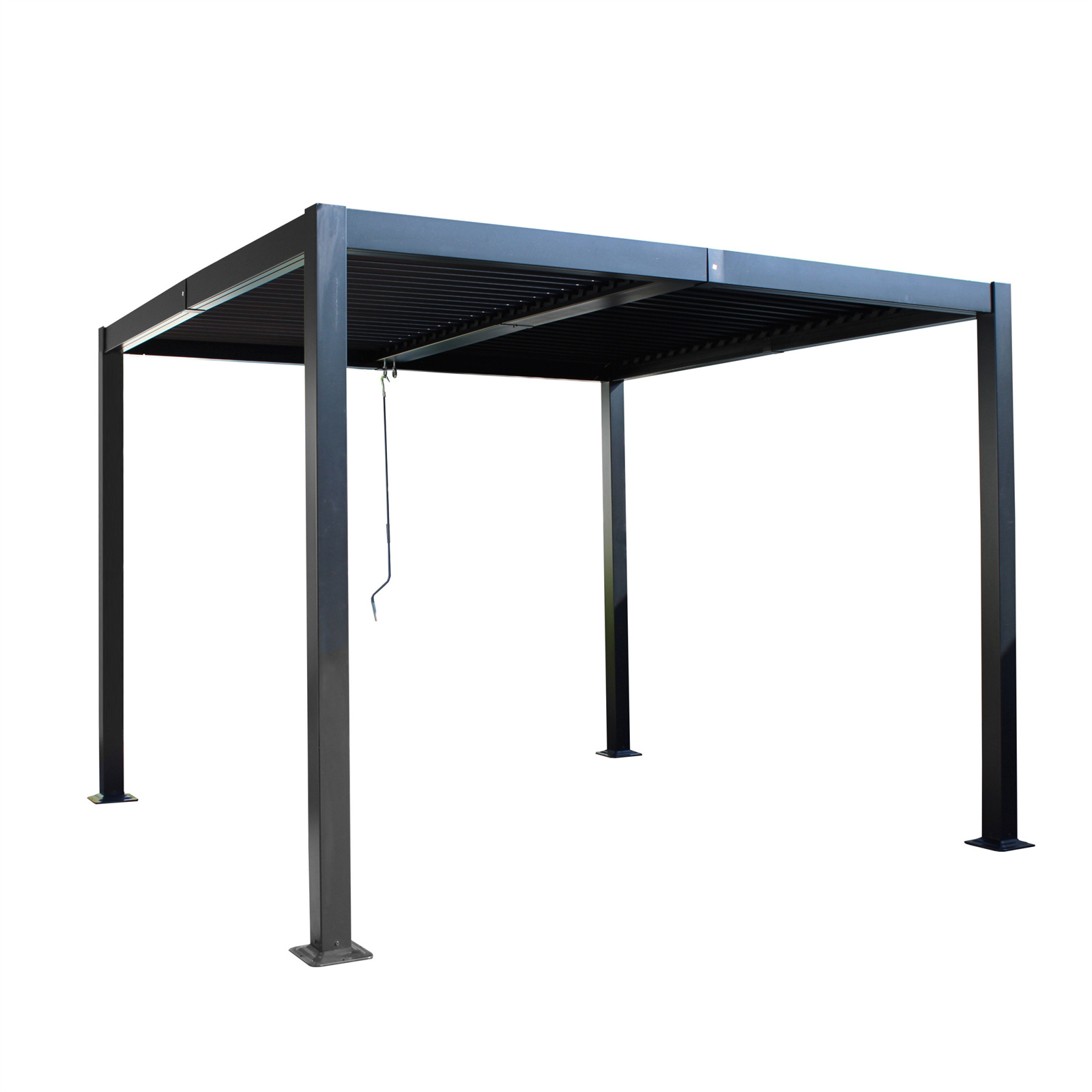 Dunkelgraue Pergola auf weißem Hintergrund. Es hat ein Lamellendach und vier quadratische Pfosten.