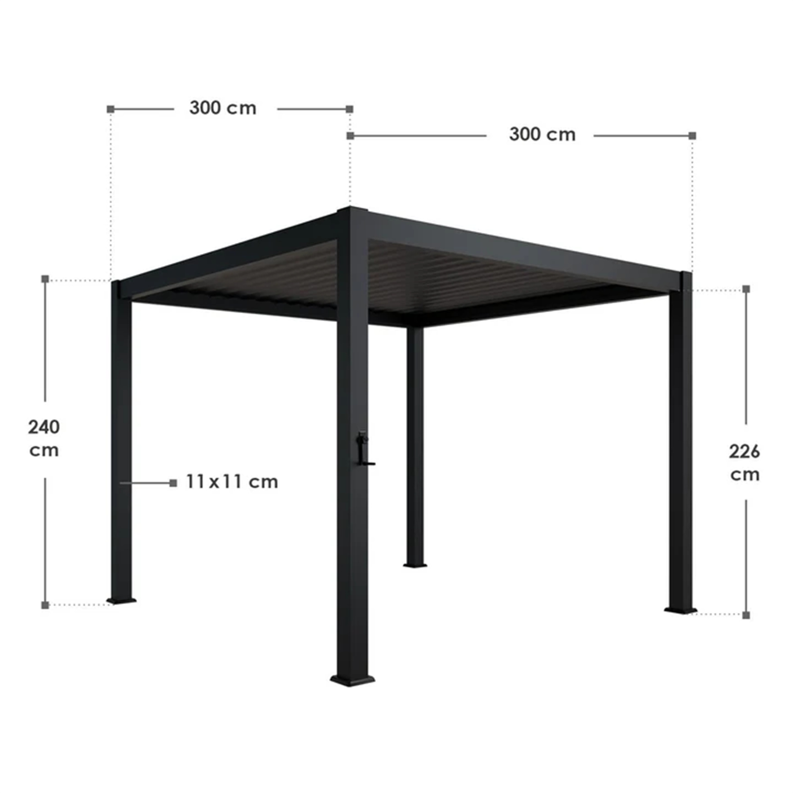 Schwarze Pergola mit Abmessungen: 300x300x240/226 cm. Pfosten sind 11x11 cm. Maße sind im Bild beschriftet.