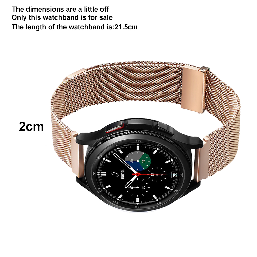 Ein roségoldenes Armband ist an einer schwarzen Smartwatch befestigt. Der Text lautet: Die Länge des Armbands beträgt 21,5 cm.