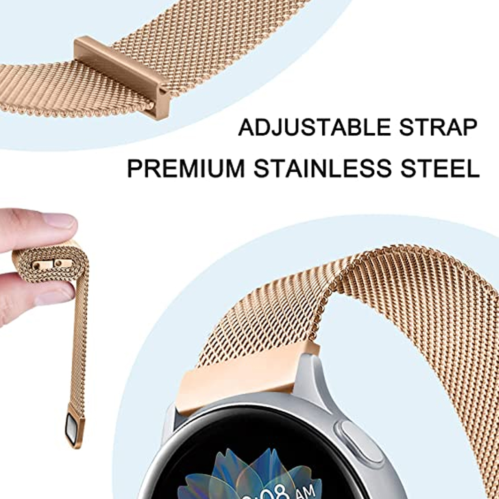 Nahaufnahme eines roségoldenen Uhrenarmbands mit sichtbarem Zifferblatt. Der Text lautet 'Adjustable Strap' und 'Premium Stainless Steel'.