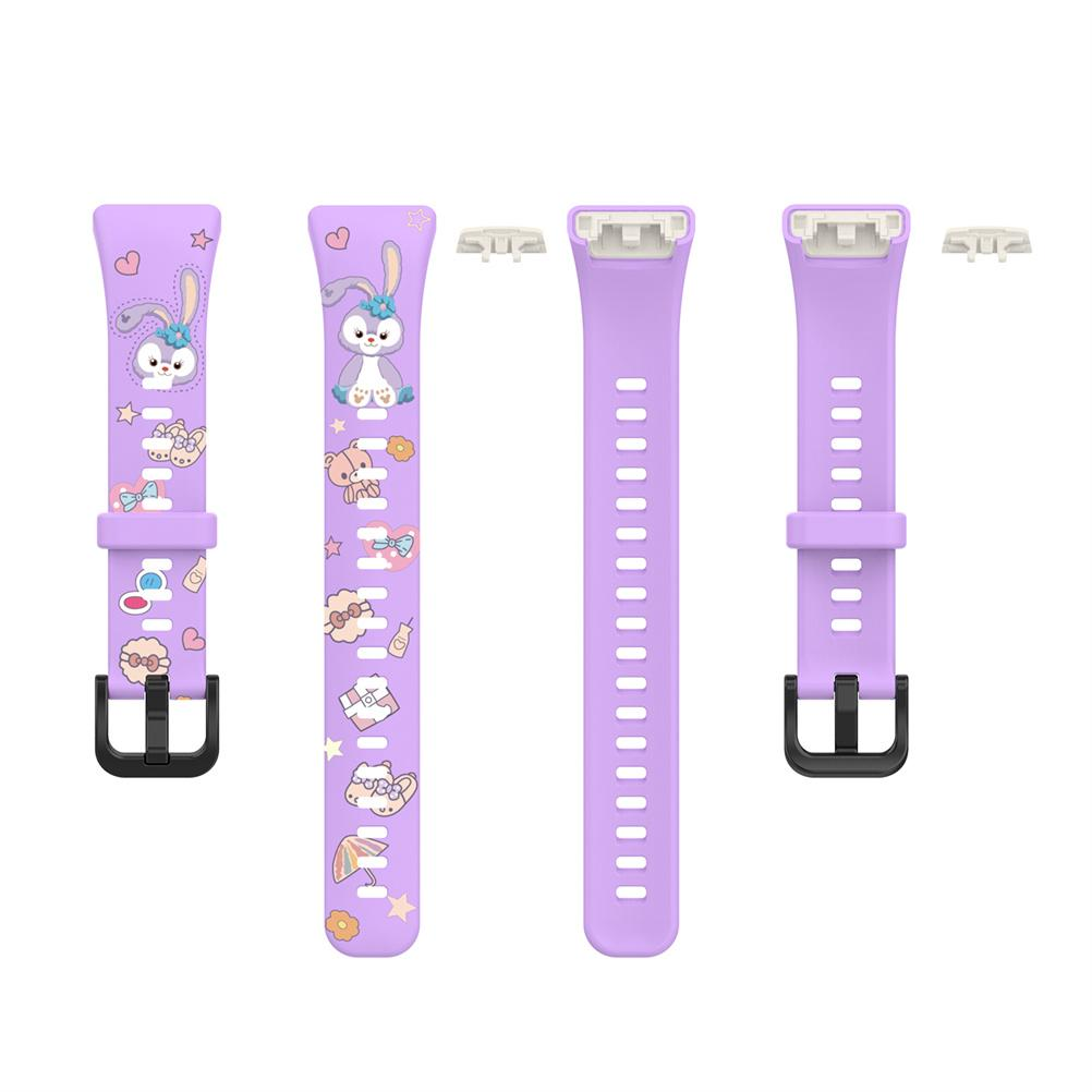 Drei lila Uhrenarmbänder. Zwei haben Cartoon-Designs, eines ist schlicht. Alle haben schwarze Schnallen. Kleine weiße Verbindungsstücke sind oben.