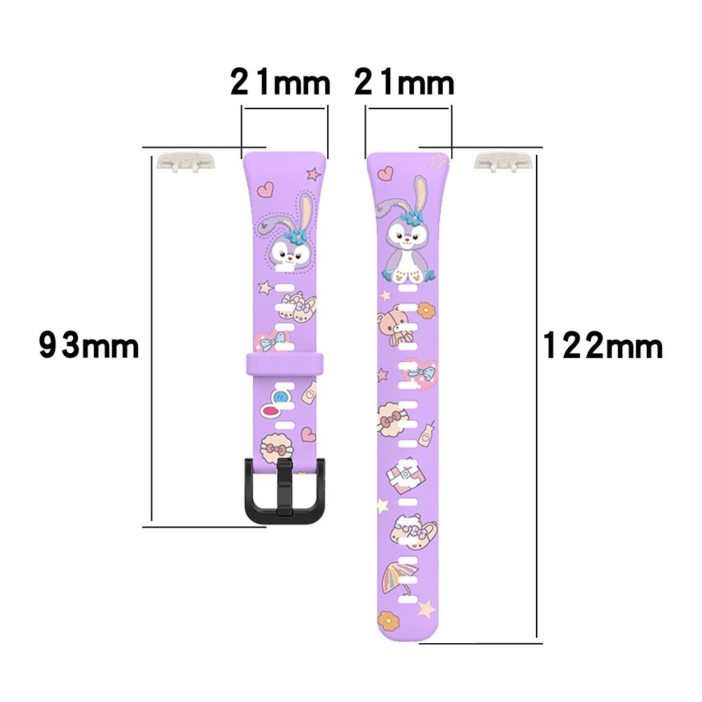 Zwei lilafarbene Uhrenarmbänder mit Illustrationen. Maße: 93 mm lang, 21 mm breit und 122 mm lang. Kaninchen- und Sterndesigns sind sichtbar.