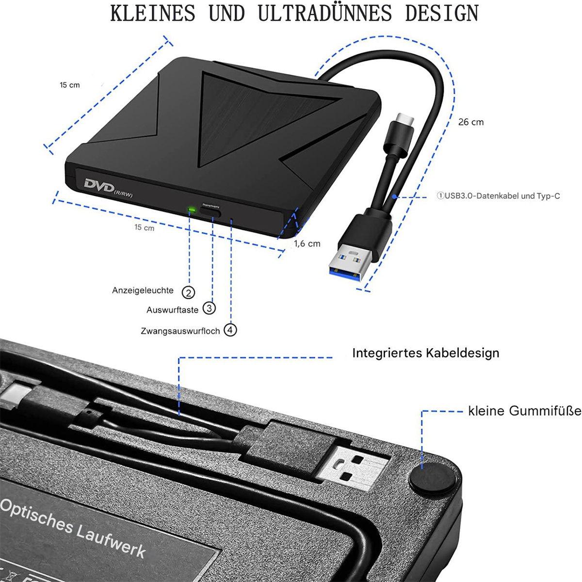 Ein schwarzes DVD-Laufwerk mit USB-Kabel. Es hat markierte Abmessungen, die seine Größe zeigen. Der Text beschreibt das Design.