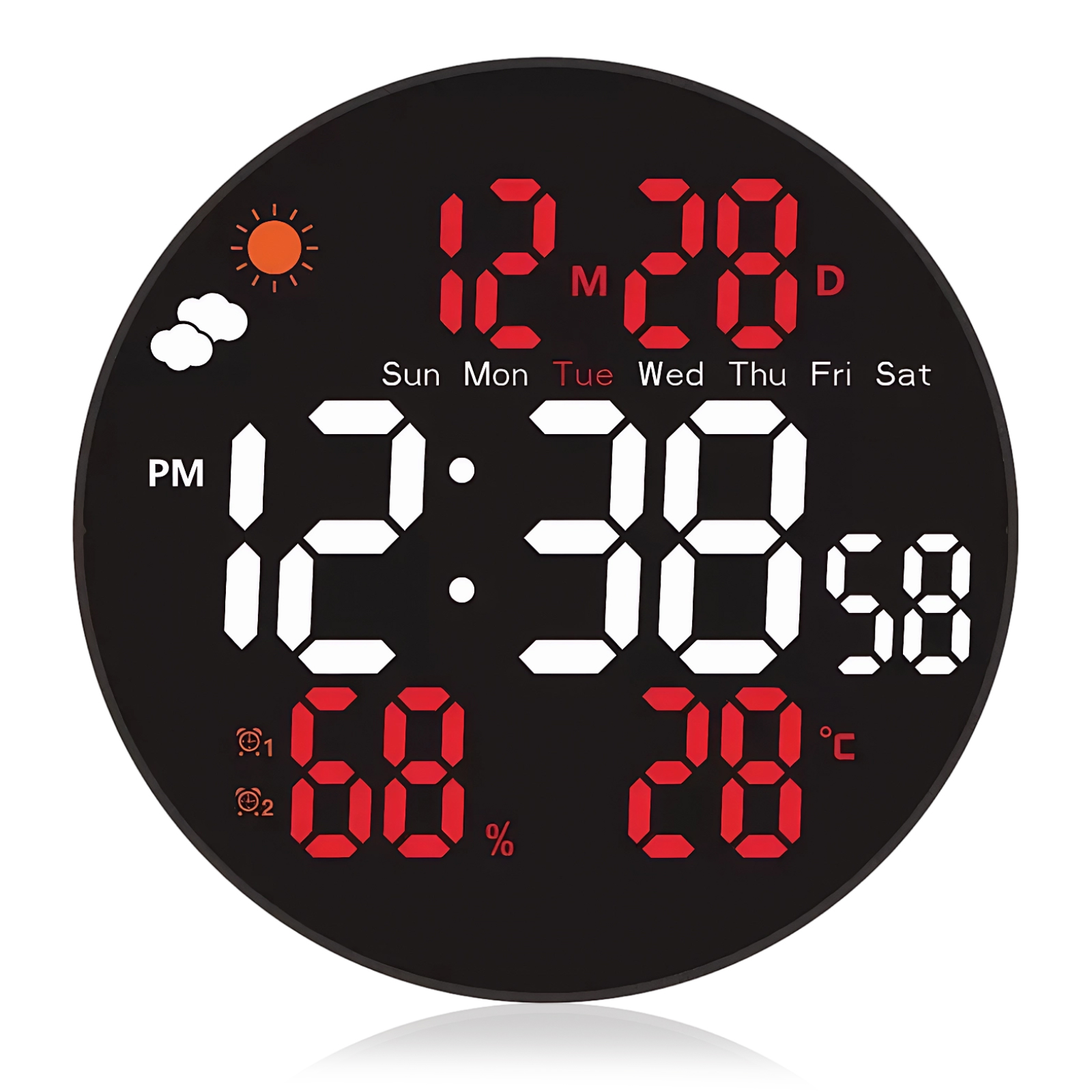 Un orologio digitale mostra l'ora, la data e la temperatura. Ha uno sfondo nero con cifre bianche e rosse.