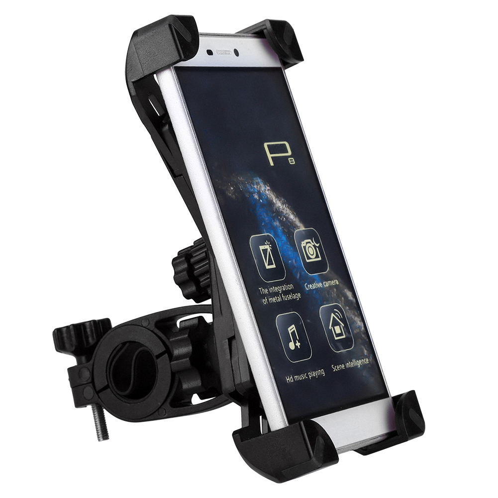 Ein Telefon in einer schwarzen Halterung, befestigt an einer Fahrradhalterung. Der Telefonbildschirm zeigt App-Symbole, darunter eine Kamera und eine Musiknote.