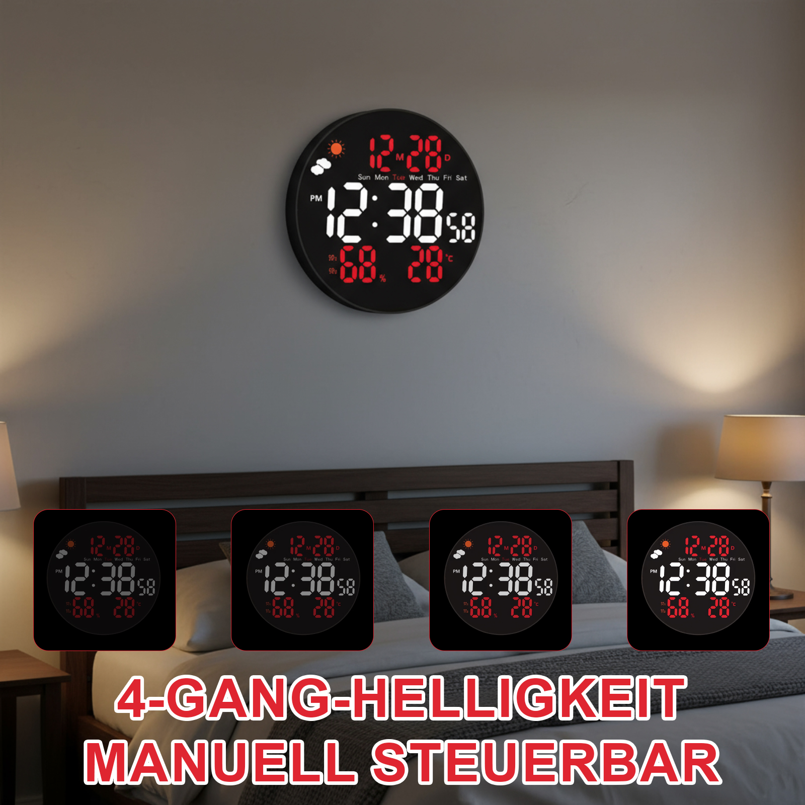 Un orologio digitale a parete mostra ora, data e temperatura. Quattro orologi più piccoli sono sotto.
