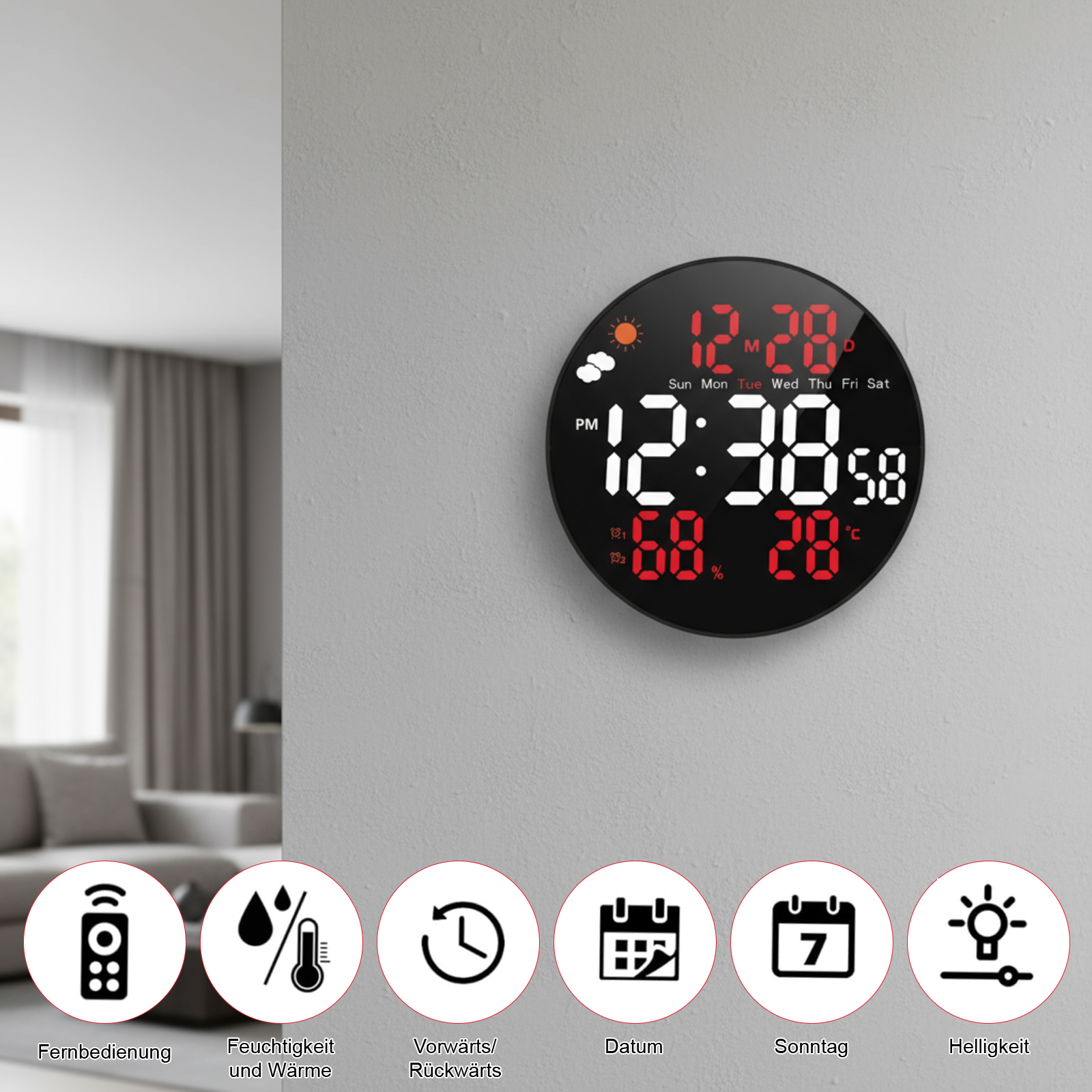 Un orologio digitale mostra ora, data e temperatura su un quadrante nero. Icone delle funzioni in basso.