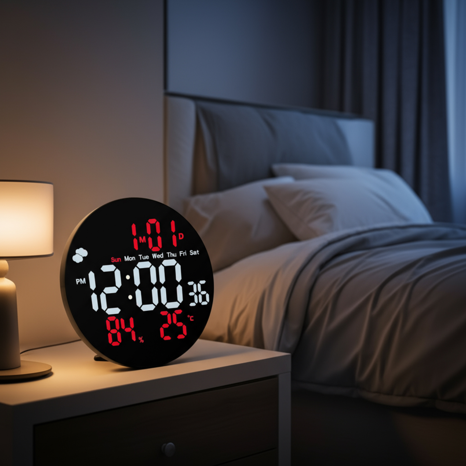 Sveglia digitale su un comodino in una camera da letto. L'orologio mostra ora, temperatura e umidità. Un letto è sullo sfondo.