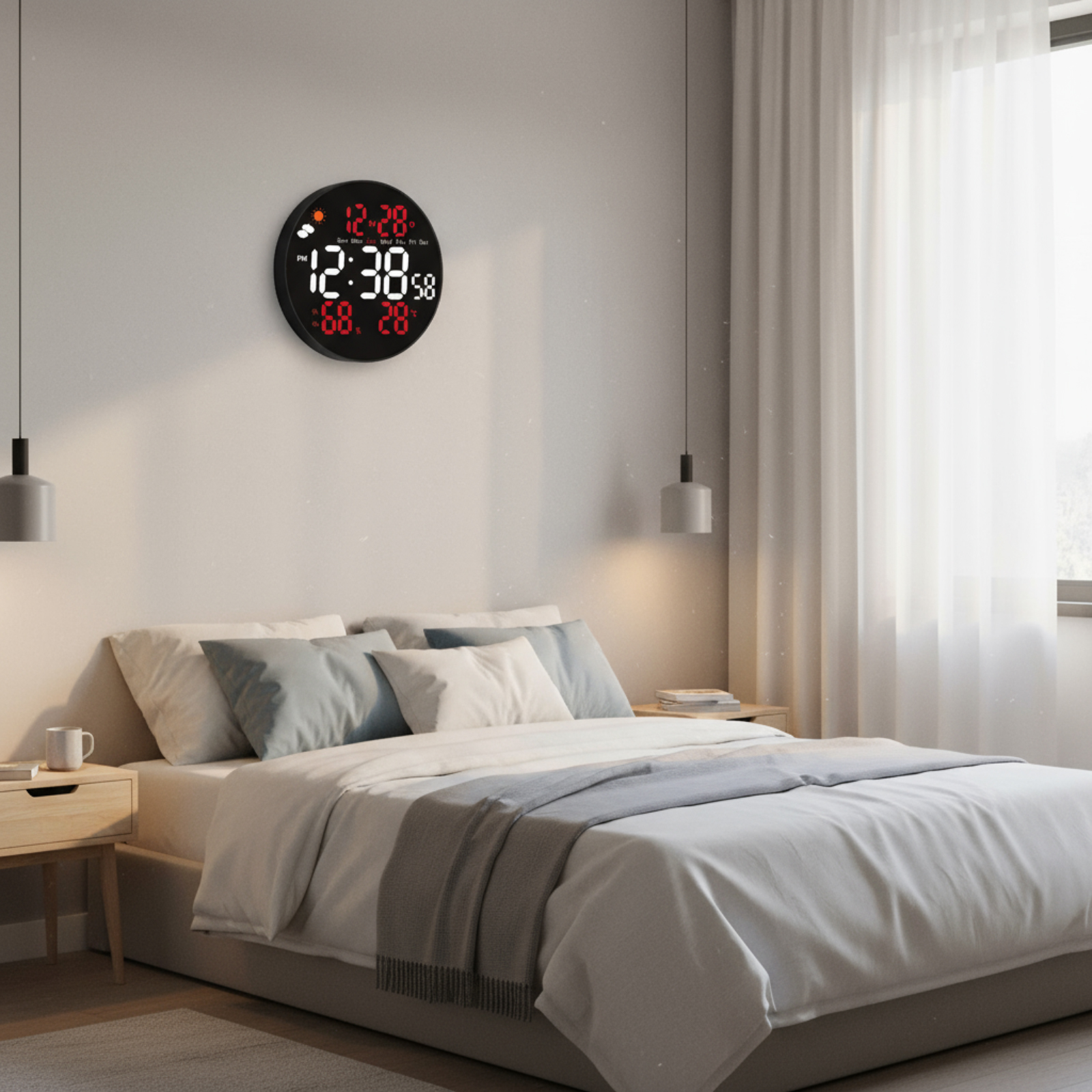 Una camera da letto con letto, orologio digitale e tende. L'orologio mostra tempo e meteo.
