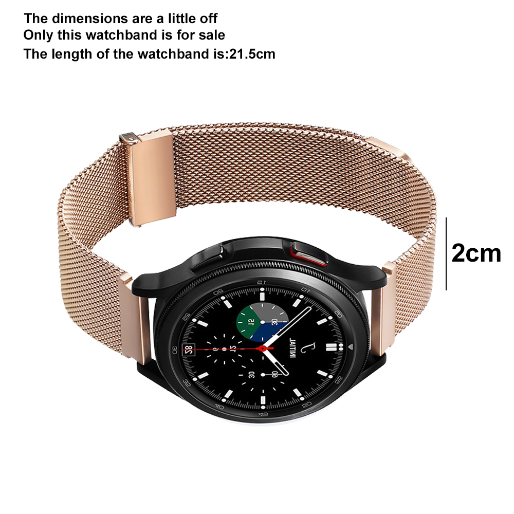 Ein roségoldenes Armband umschließt eine schwarze Smartwatch. Das Band hat ein Mesh-Design. Eine 2cm-Messung befindet sich an der Seite.