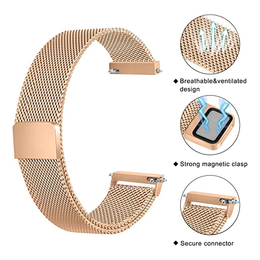 Ein roségoldenes Uhrenarmband mit Mesh-Design, einem Magnetverschluss und einem sicheren Anschluss. Zusätzliche Diagramme zeigen Funktionen.