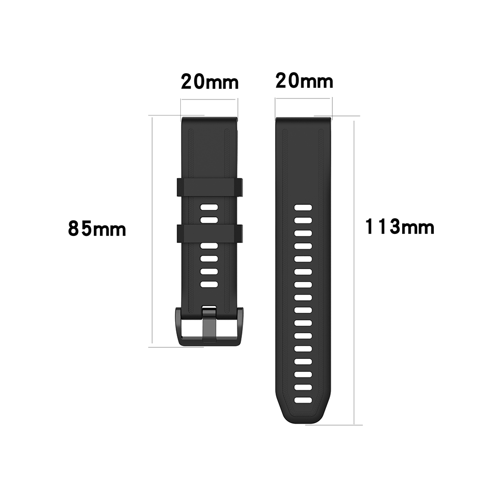 Zwei schwarze Uhrenarmbänder mit Maßen: 20 mm Breite, 85 mm und 113 mm Länge. Eines mit Schnalle, das andere mit Löchern.