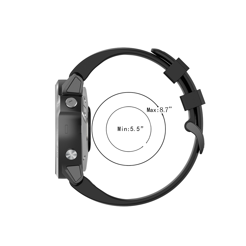 Seitenansicht einer schwarzen Smartwatch mit schwarzem Armband und zwei Kreisen mit Größenangaben, vor weißem Hintergrund.