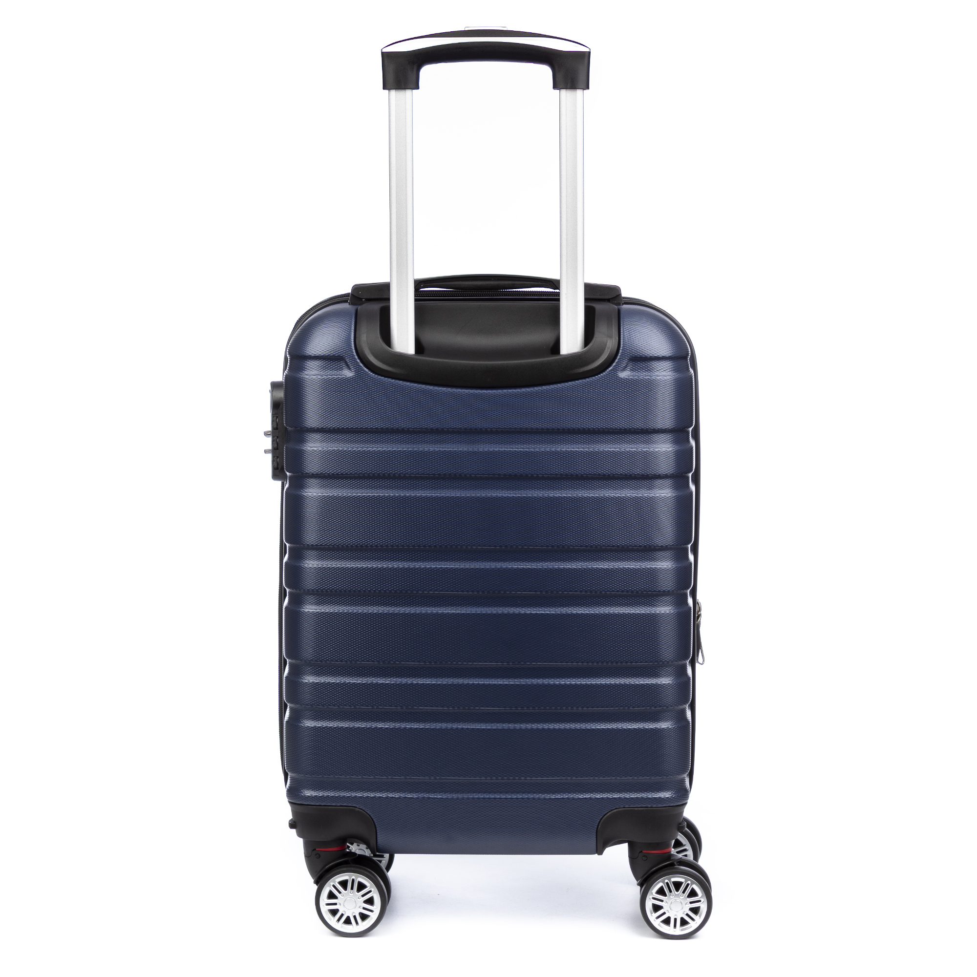 Una valigia blu navy con manico retrattile su sfondo bianco. Ha quattro ruote e una serratura a combinazione.