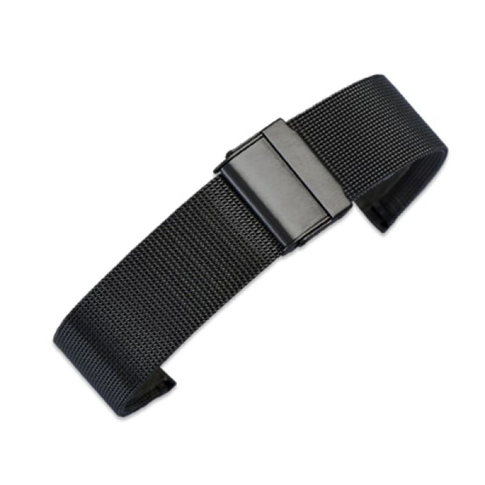 Ein schwarzes Uhrenarmband mit Metallmaschenmuster und Metallverschluss wird auf weißem Hintergrund gezeigt.