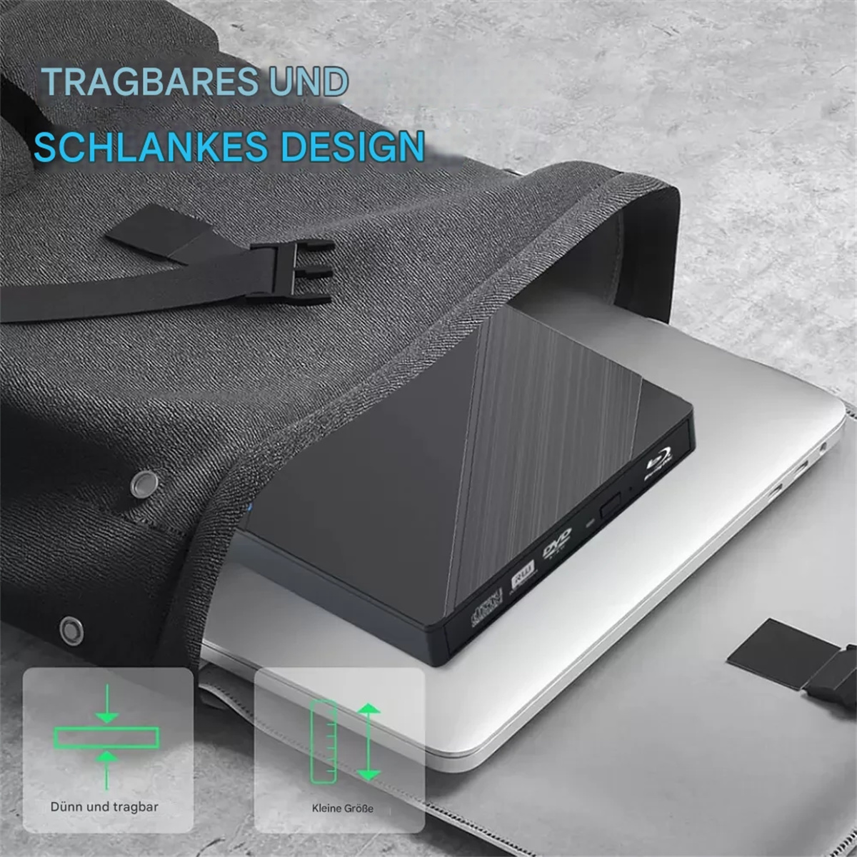 Ein schwarzes DVD-Laufwerk auf einem Laptop in einer grauen Tasche. Der Text oben lautet 'Tragbares und schlankes Design'.