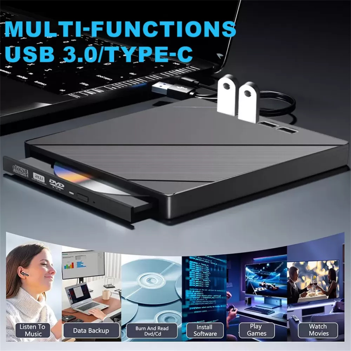 Ein Multifunktions-USB 3.0/Type-C-Gerät mit Laptop, Laufwerk und Anwendungssymbolen: Musik, Datensicherung, DVD, Software, Spiele, Filme.