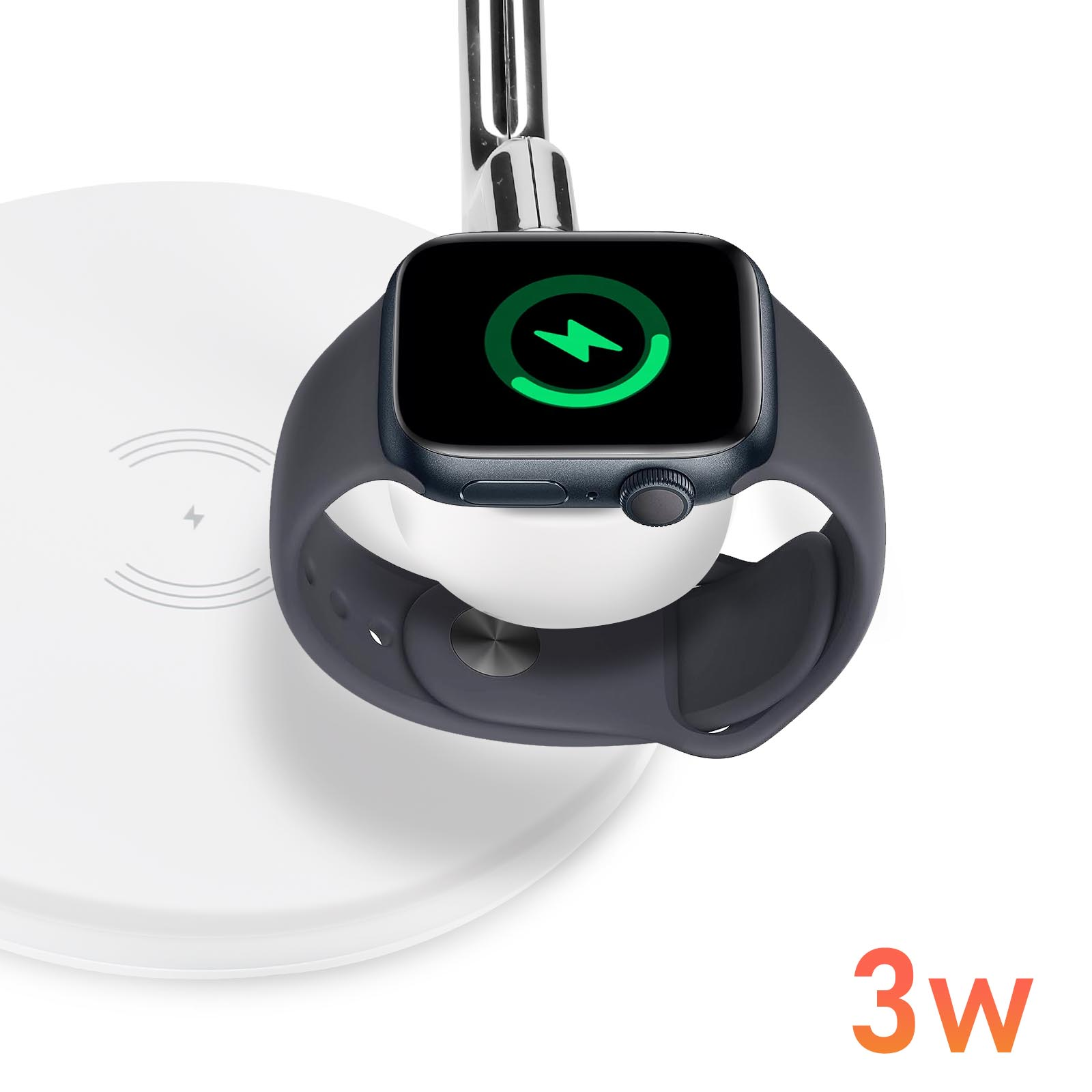 Eine Apple Watch auf einer Ladestation. Die Uhr zeigt ein grünes Ladesymbol. Die Basis hat eine 3W-Beschriftung.